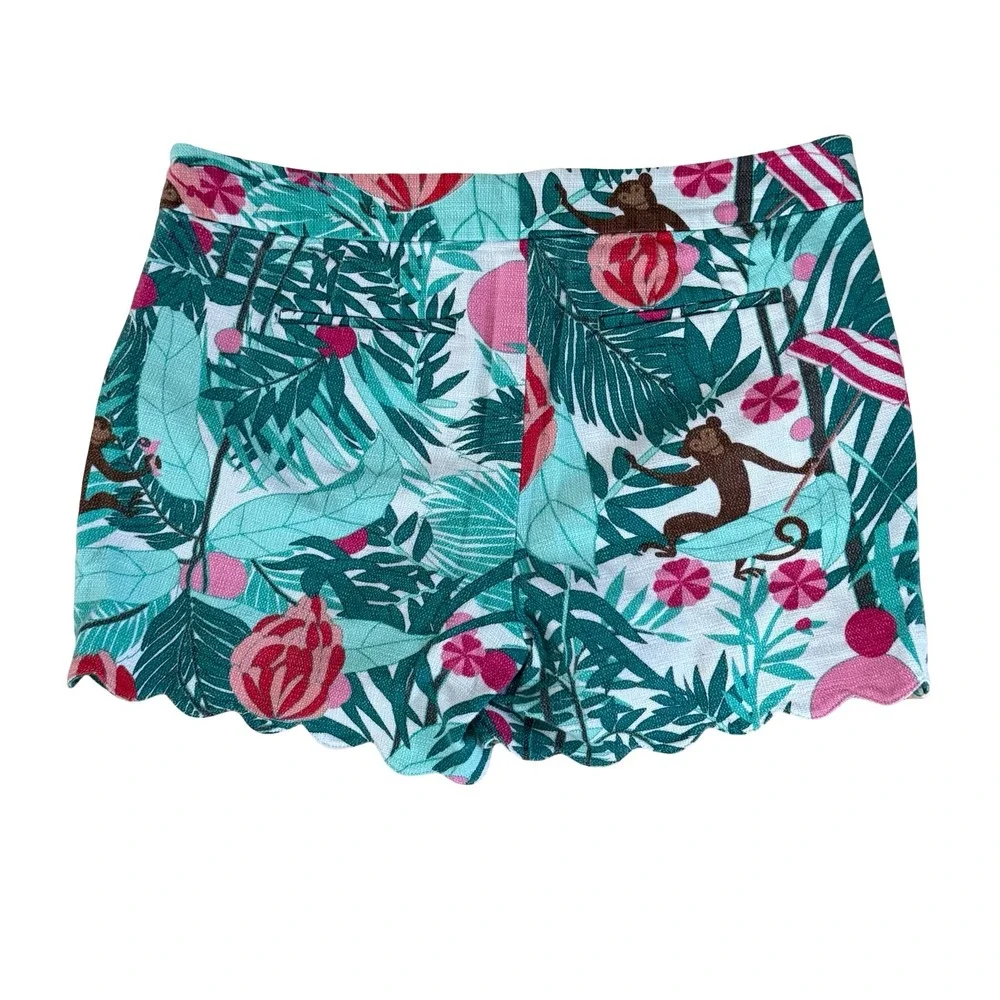 Talbots Womens 10P Tropical Monkey Jungle Print Scalloped Hem Shorts Green Pink - Picture 4 of 11